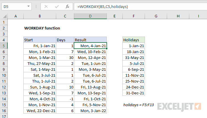 Finding the next business day using the WORKDAY function