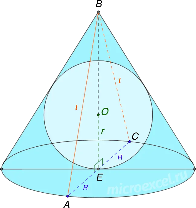 Finding the radius / area / volume of a ball (sphere) inscribed in a cone