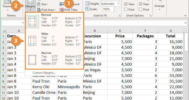 Formatting margins and page orientation in Excel