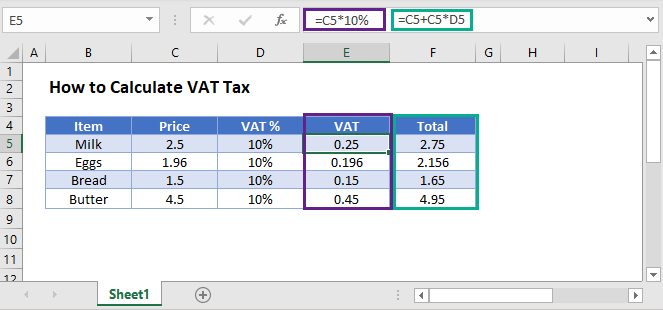 VAT နုတ်ယူရန်အတွက် Excel တွင် ဖော်မြူလာ