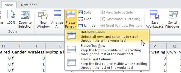 Freeze an area in Excel