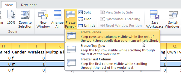 Freeze an area in Excel