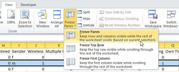 Freeze an area in Excel