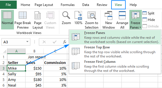 Freeze an area in Excel