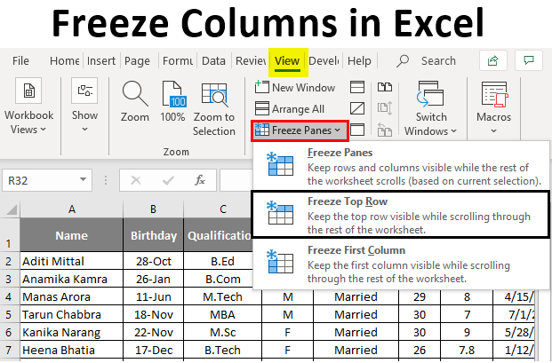 Užšaldymo lentelės stulpelio pamoka programoje „Excel“.