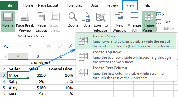 Kawasan beku dalam Microsoft Excel