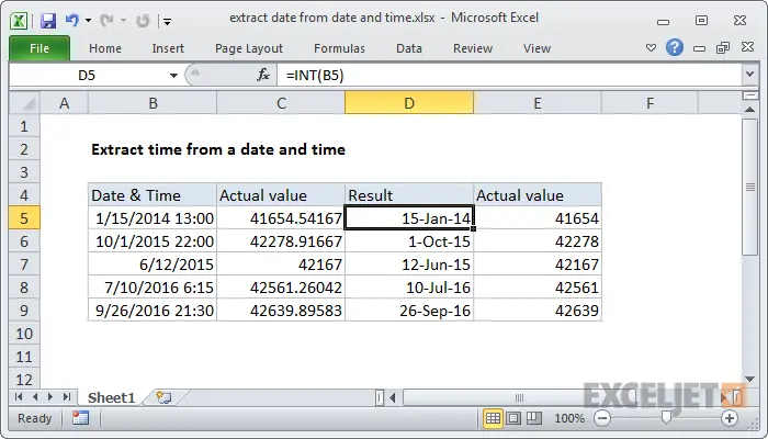 Functions to extract various parameters from dates and times in Excel