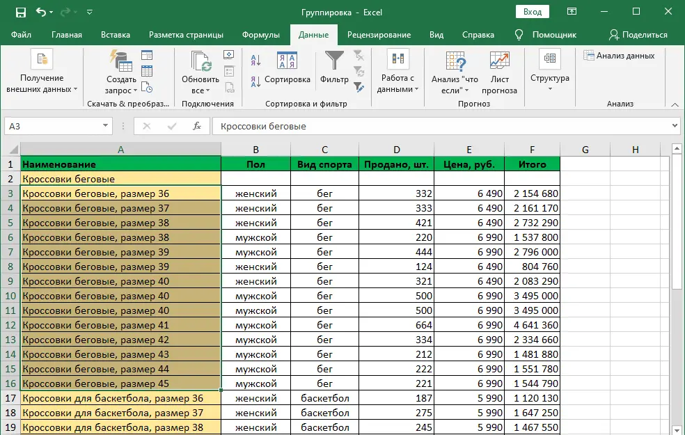 Grouping and ungrouping data in Excel. Step by step instructions with photo