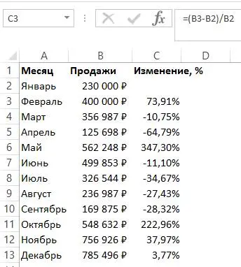 Growth as a percentage - formula in Excel