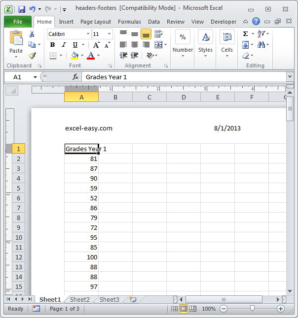 Headers and footers in Excel