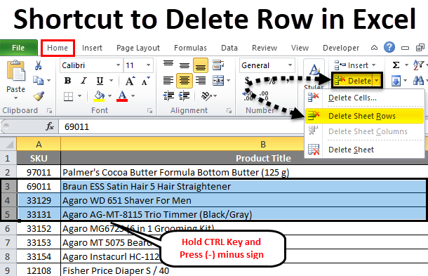 Бърз клавиш „изтриване на ред“ в електронната таблица на Excel