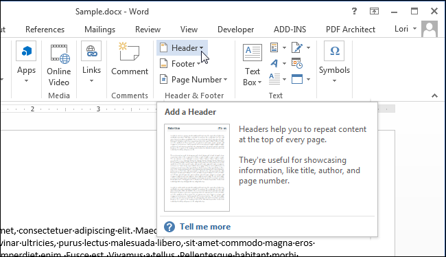 How to add a header or footer to a Word document