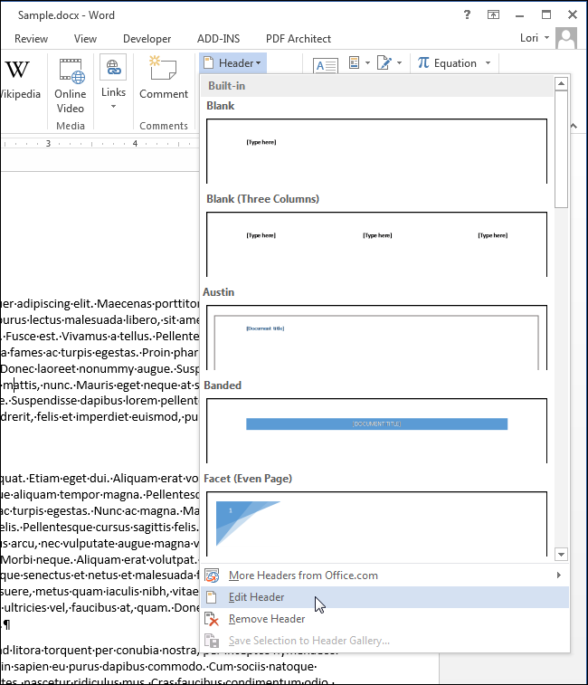 How to add a header or footer to a Word document