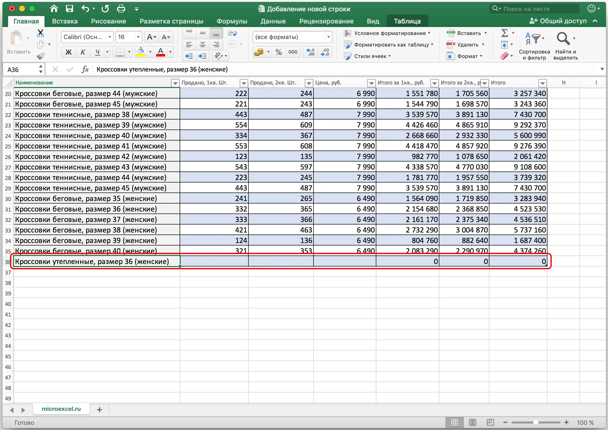 How to add a new row in Excel