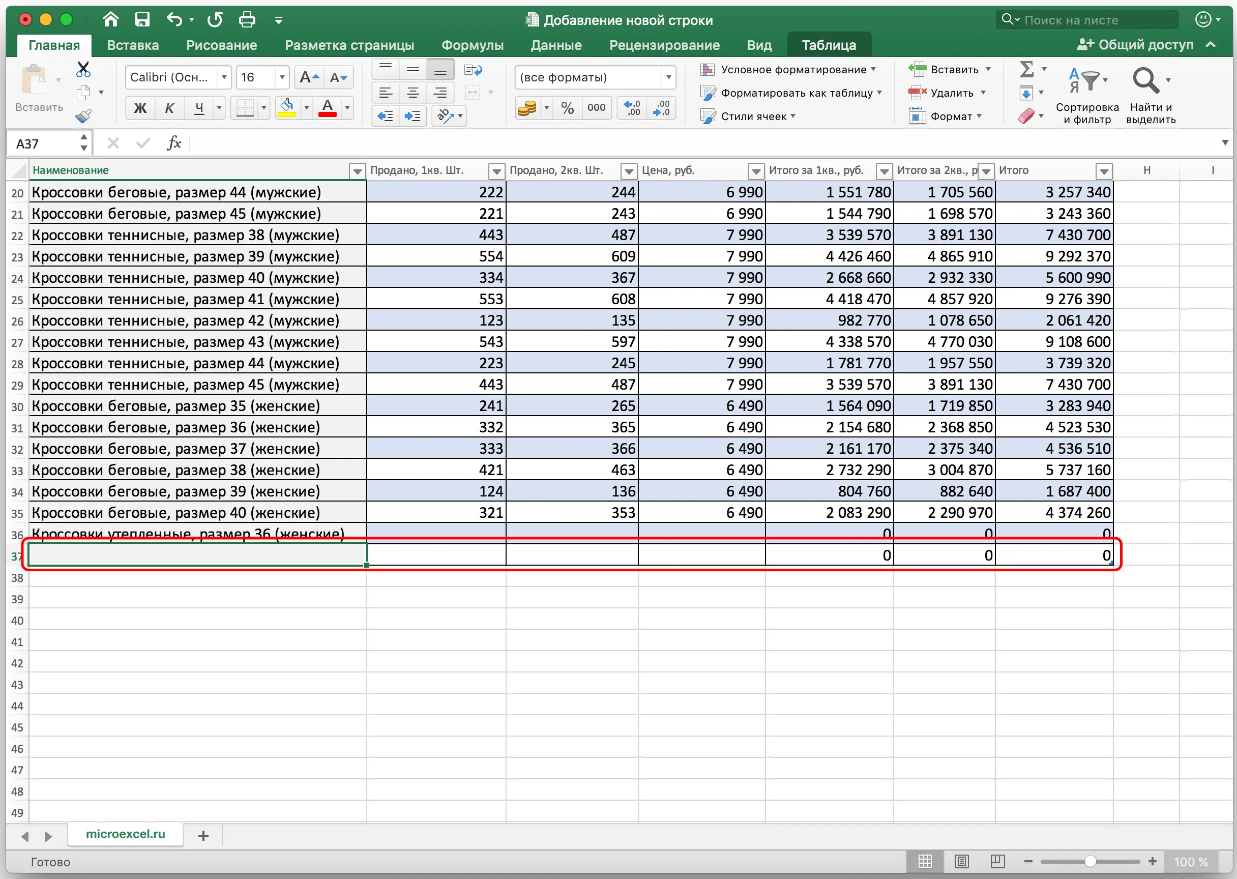 How to add a new row in Excel