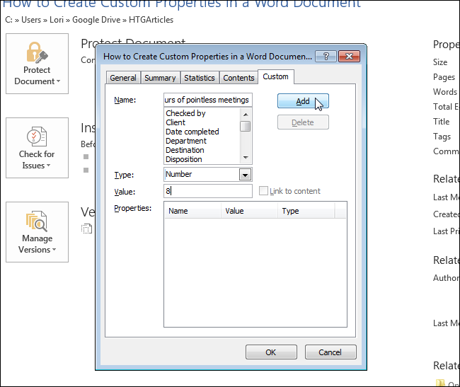 How to add custom properties to a Word document