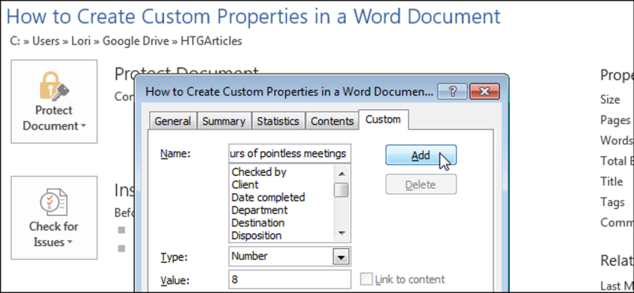 How to add custom properties to a Word document