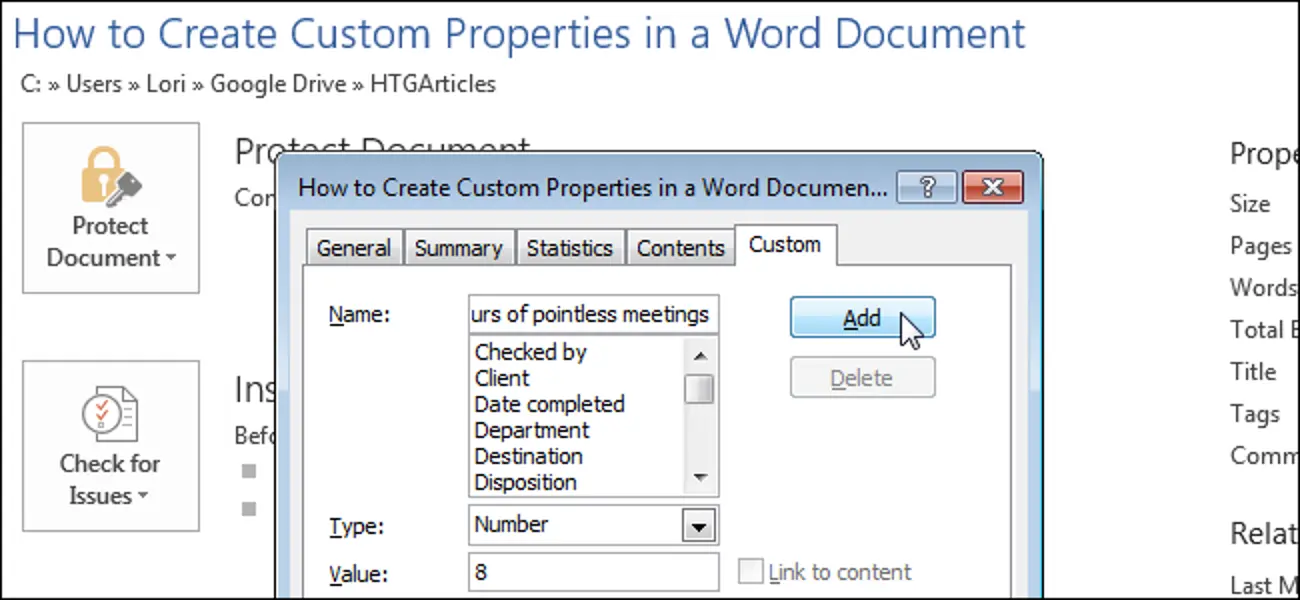 How to add custom properties to a Word document