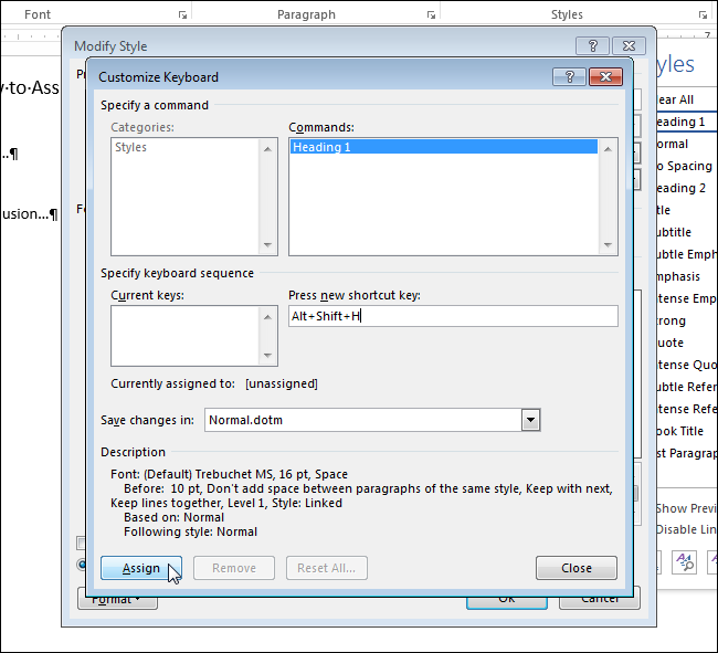 How to assign a keyboard shortcut to apply a style in Word