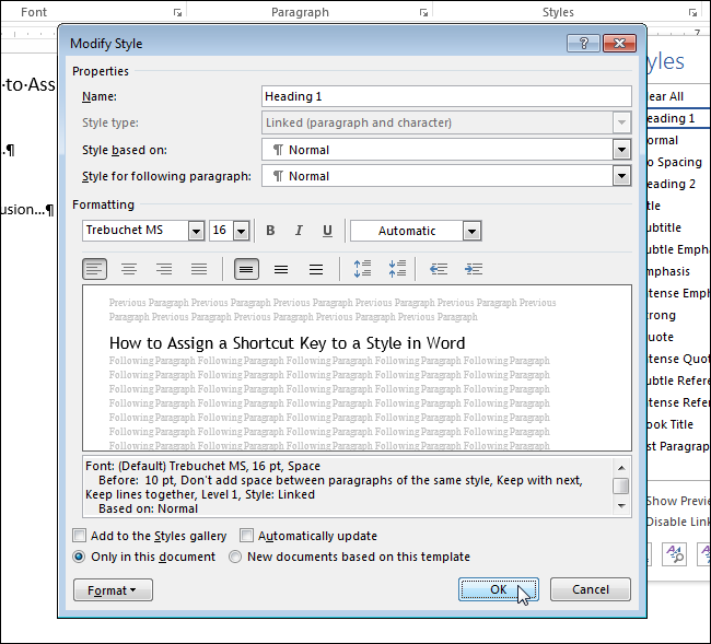 How to assign a keyboard shortcut to apply a style in Word