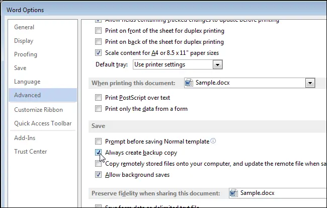 How to automatically create a backup in Word when you save a document