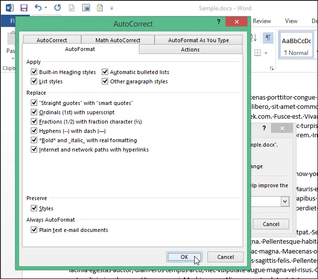 How to automatically format an existing document in Word 2013