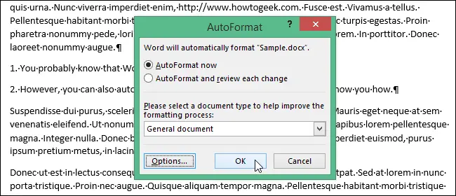 How to automatically format an existing document in Word 2013