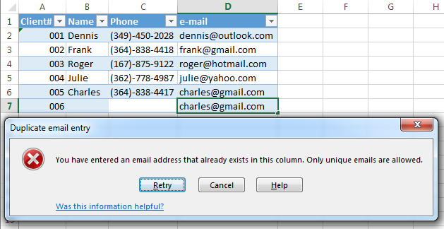 How to avoid duplicates appearing in a column in an Excel sheet