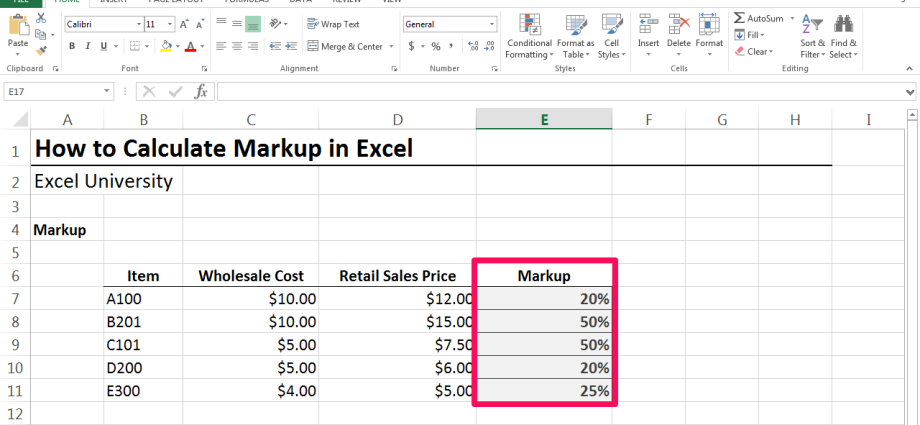 ວິທີການຄິດໄລ່ອັດຕາສ່ວນ markup ໃນ Excel