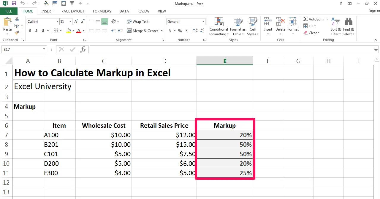 How to calculate markup percentage in Excel