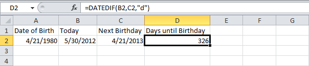 How to calculate the number of days until a birthday in Excel