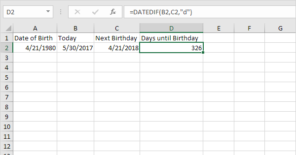 How to calculate the number of days until a birthday in Excel