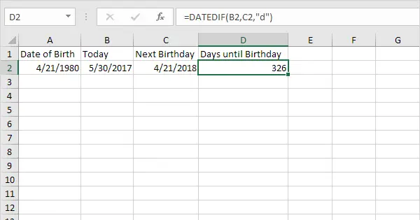 How to calculate the number of days until a birthday in Excel