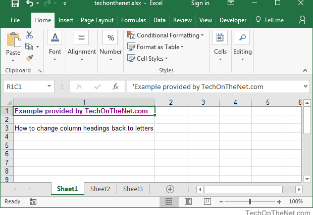 Cara mengubah nama kolom dari angka menjadi huruf di Excel