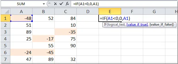 How to change negative numbers to zeros in Excel