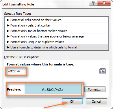 How to change the color of a row in Excel depending on the value in a cell