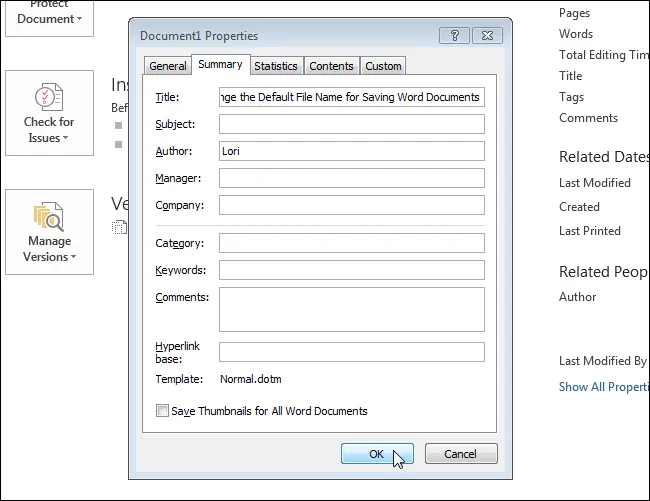 How to change the default file name when saving Word documents