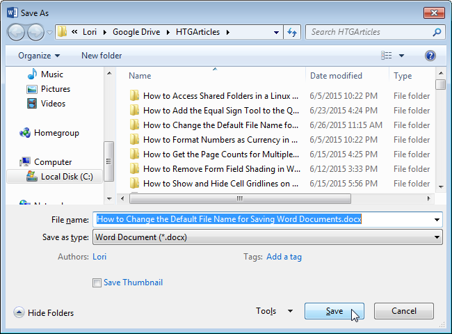 How to change the default file name when saving Word documents