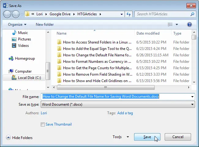 How to change the default file name when saving Word documents