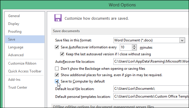 How to change the default file save location in Word 2013