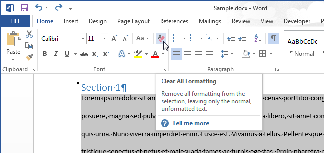 How to clear formatting in Word document