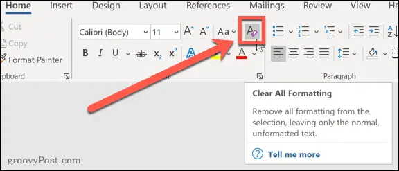 How to clear formatting in Word document