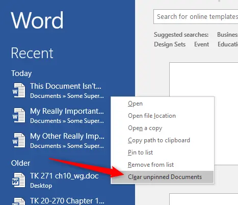 How to clear the Recent Documents list in Word 2013