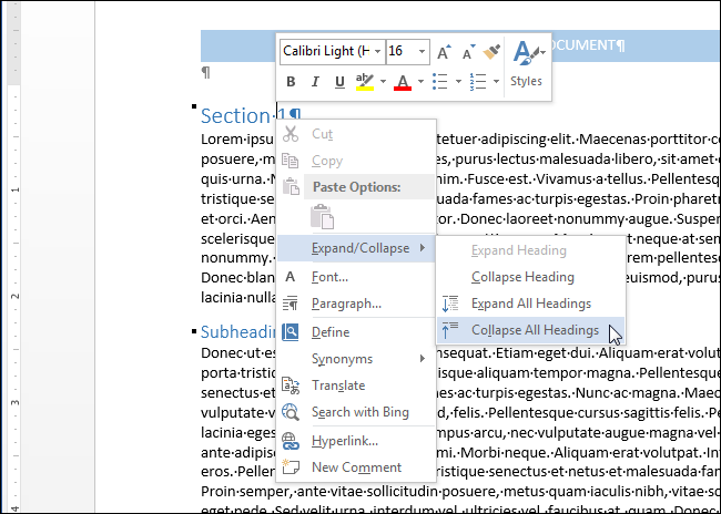 How to collapse and expand document sections in Word