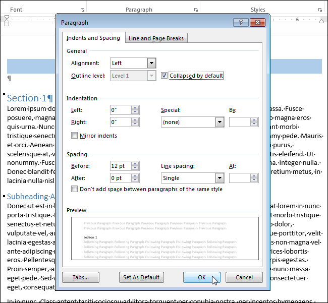 How to collapse and expand document sections in Word