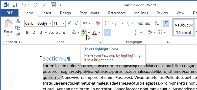 How to combine multiple highlighted sections of text into one document in Word 2013