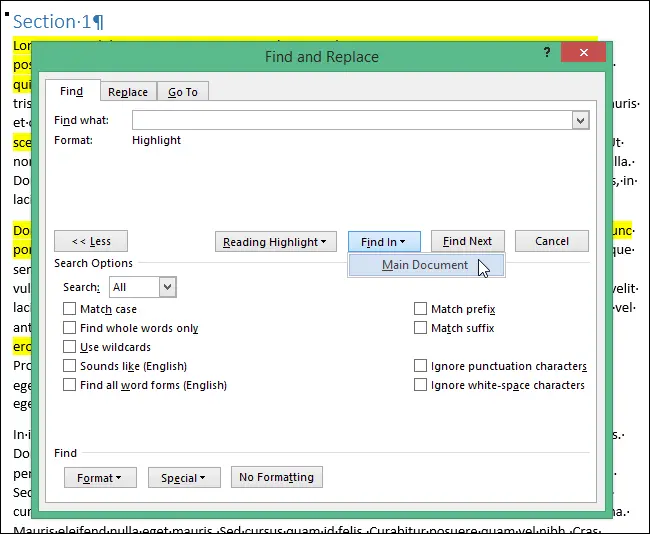 How to combine multiple highlighted sections of text into one document in Word 2013