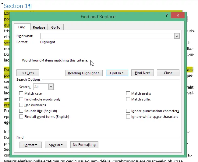 How to combine multiple highlighted sections of text into one document in Word 2013