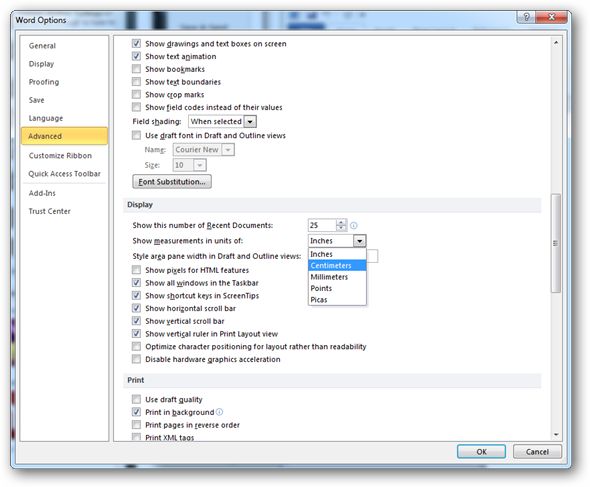 How to convert inches to centimeters in Word 2010