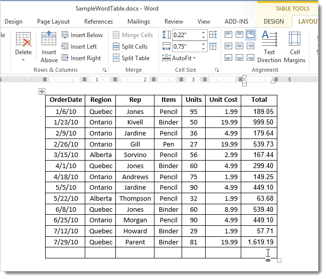 How to count data in rows and columns of Word 2013 table
